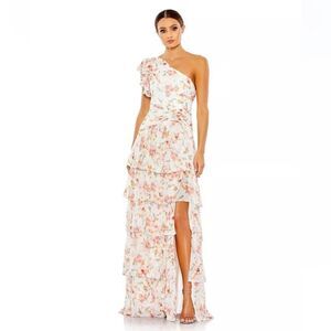 Mac Duggal Ieena Floral Print Ruffle Tiered One Shoulder Gown NWT